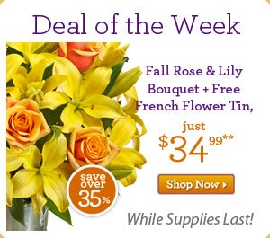 Deal of the Week Fall Rose Bouquet + Free French Flower Tin, jus $34.99 &gt;&gt;Shop Now While Supplies Last! Save over 35%