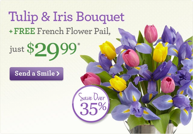 'Tulip & Iris Bouquet + FREE French Flower Pail, just $29.99*
Save Over 35%!

Send a Smile