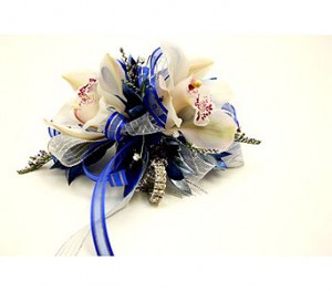 unique blue and white prom corsage