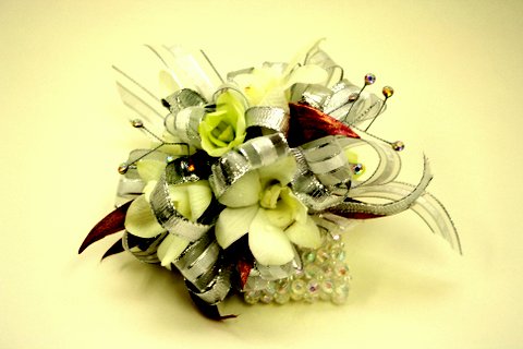 orchid prom corsage with riboons