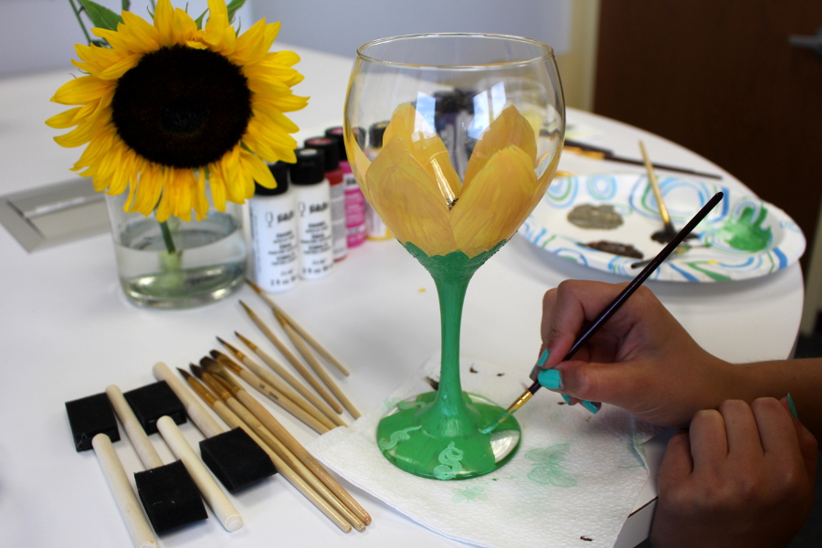 hand painted wine glasses with Decorations on the stem for sunflower wine glass