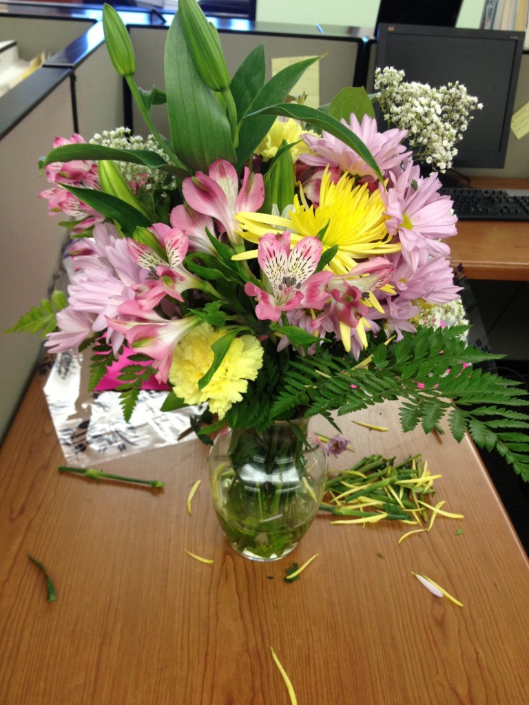 pink and yellow flower arrangement