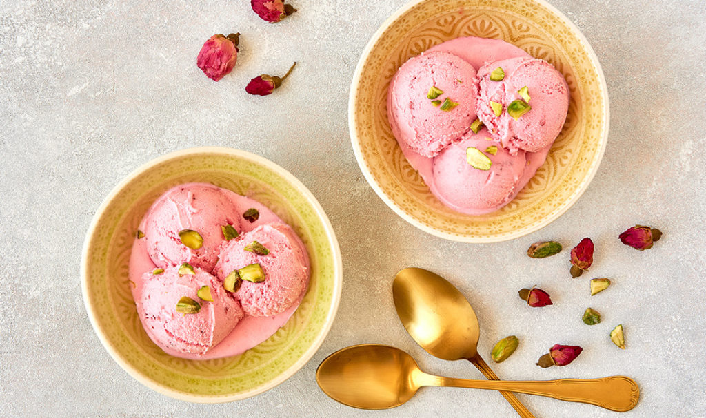 a photo of strawberry rose water ice cream