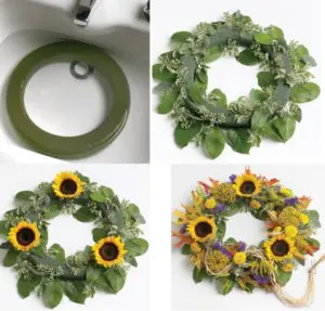 sunflower crafts with step-by-step instructions for how to create a sunflower wreath