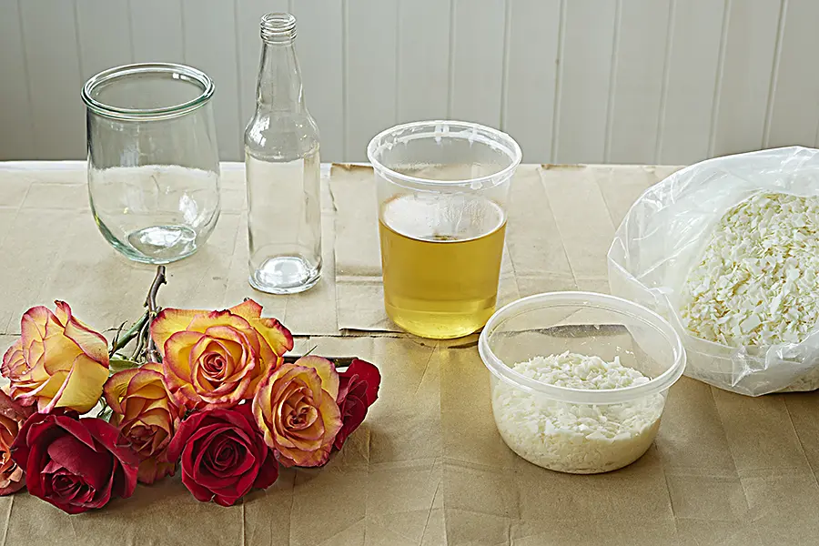 a photo of wax flowers with ingredients for wax roses