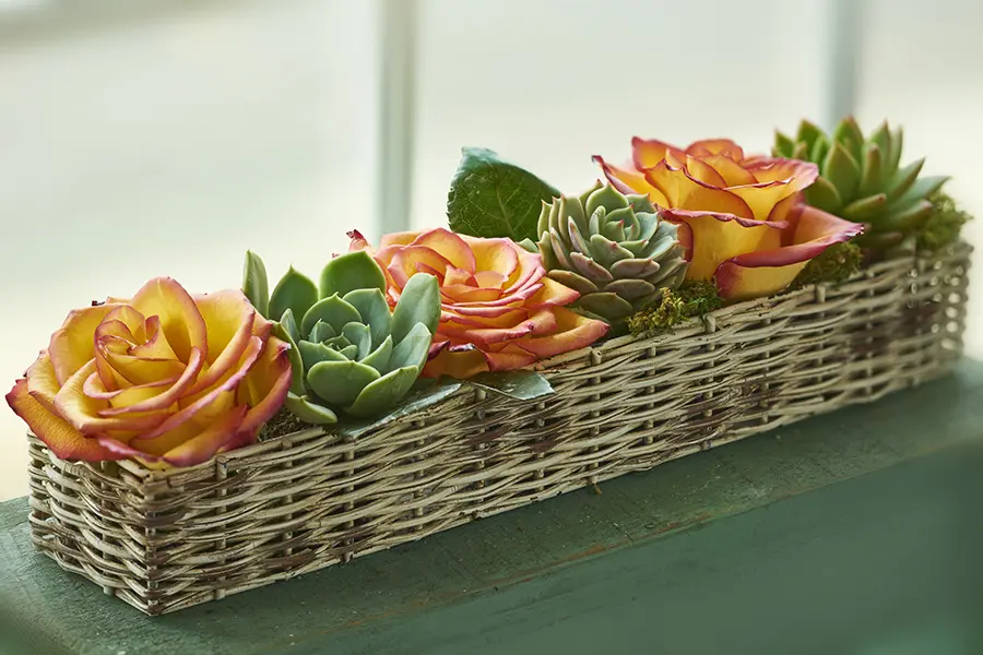a photo of wax flowers with wax roses and succulents