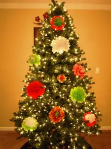 Christmas Tree Decorated With Tissue Paper Flower Ornaments