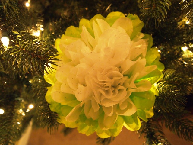 tissue paper flower ornament with Tissue Paper Flower Ornament Attached to Christmas Tree With Floral Wire