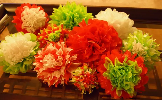 Tissue Paper Flower Ornaments in a Variety of Color Patterns