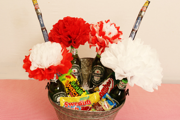 Beer Flower Arrangement Filled With Snacks