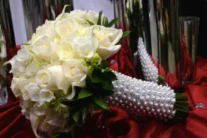 White Bridal Bouquet With Pearl and Crystal Accents