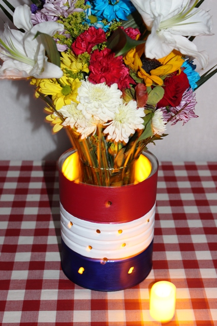 LED Tealights Placed in a DIY 4th of July Luminary Vase