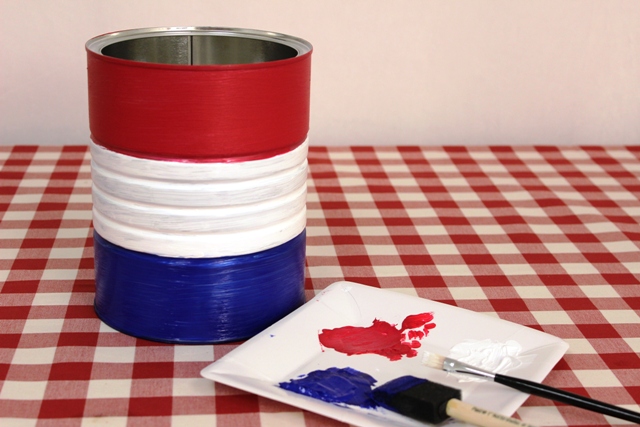 Red, White and Blue Stripes Painted on a Coffee Can to Make a 4th of July DIY Vase