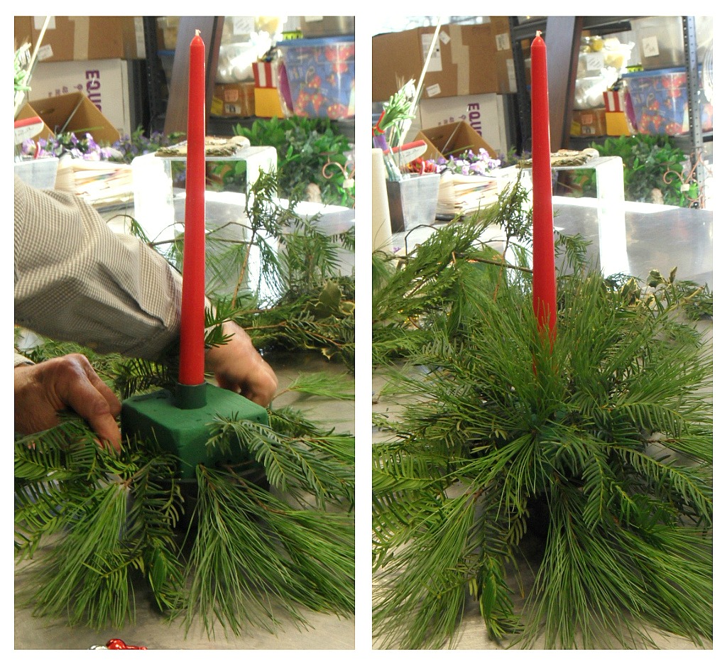 Christmas centerpiece ideas with adding greens to foam