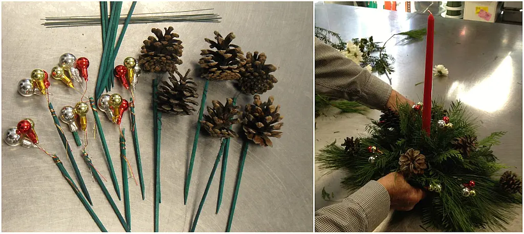 Christmas centerpiece ideas with adding pine cones and millimeter balls
