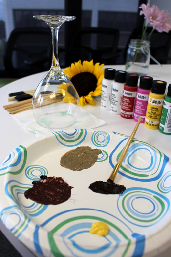 Set up your work station and mix the colors you need onto your palette! hand painted wine glasses with painted wine glasses work space