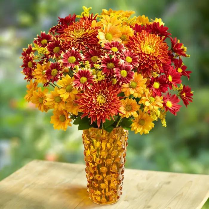 Fall mums in an amber glass hobnail vase