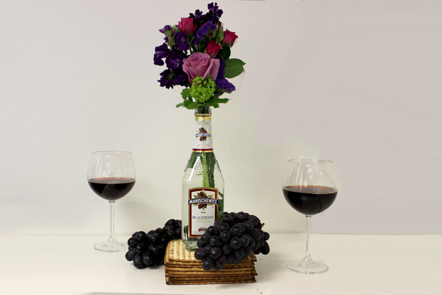 DIY Manischewitz Passover Centerpiece with Purple Flowers