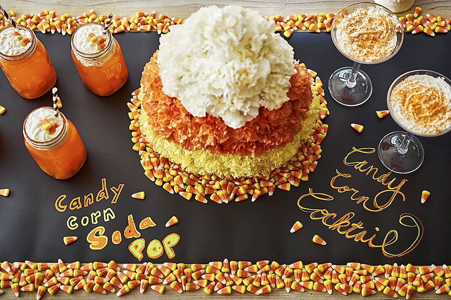 Candy Corn Decoration & Drinks: Fresh Flower Centerpiece & Beverages for Halloween