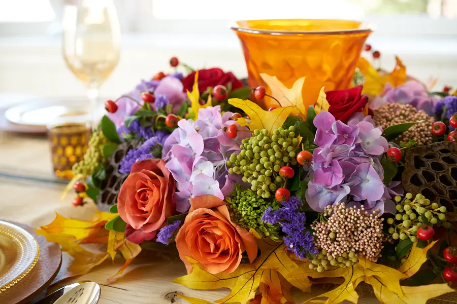 thanksgiving centerpiece ideas with floral wreath centerpiece close-Up