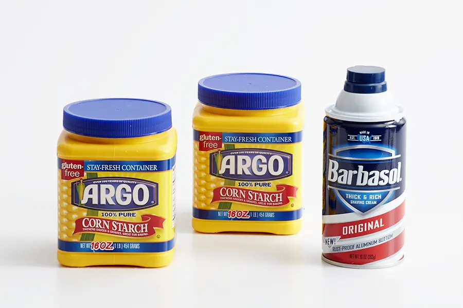 Supplies for DIY Snowman- Corn Starch & Shaving Cream