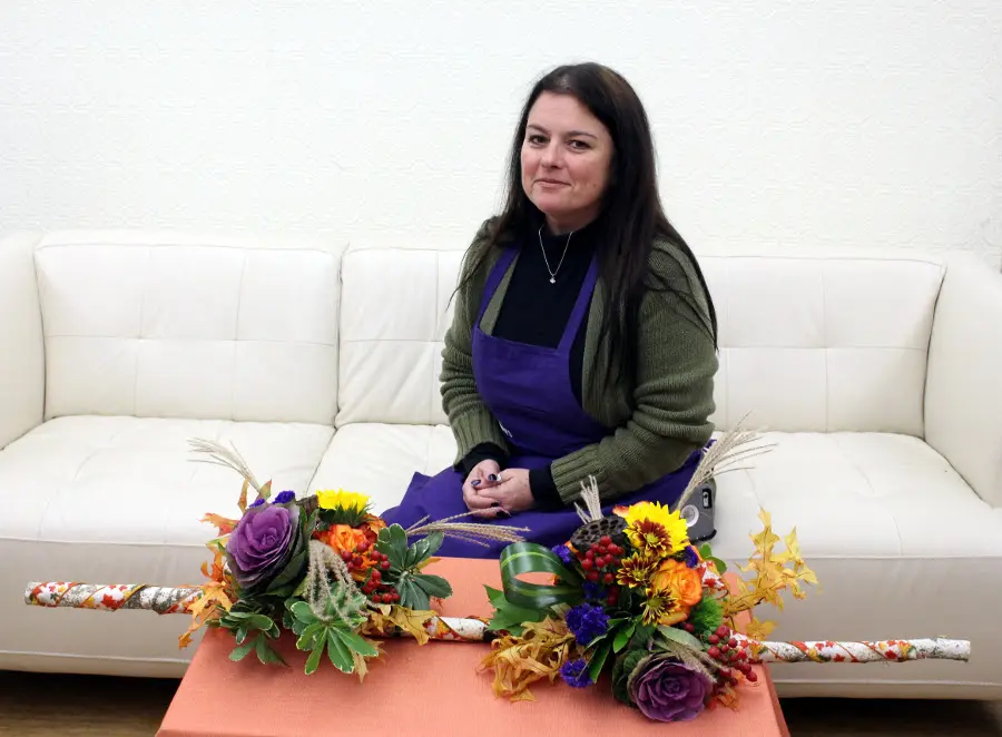 Jane with her finished birch branch centerpiece