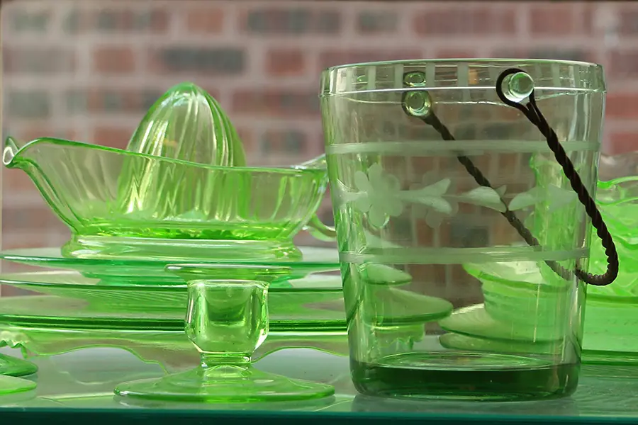 tulip decorations with Green Depression Glass