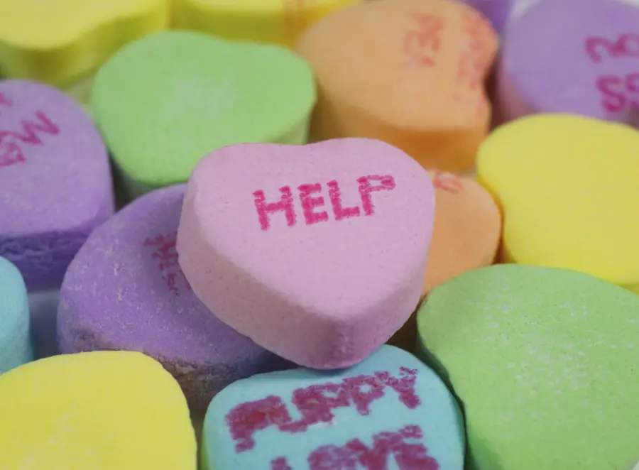 Valentine's Day Sweethearts that say "help"