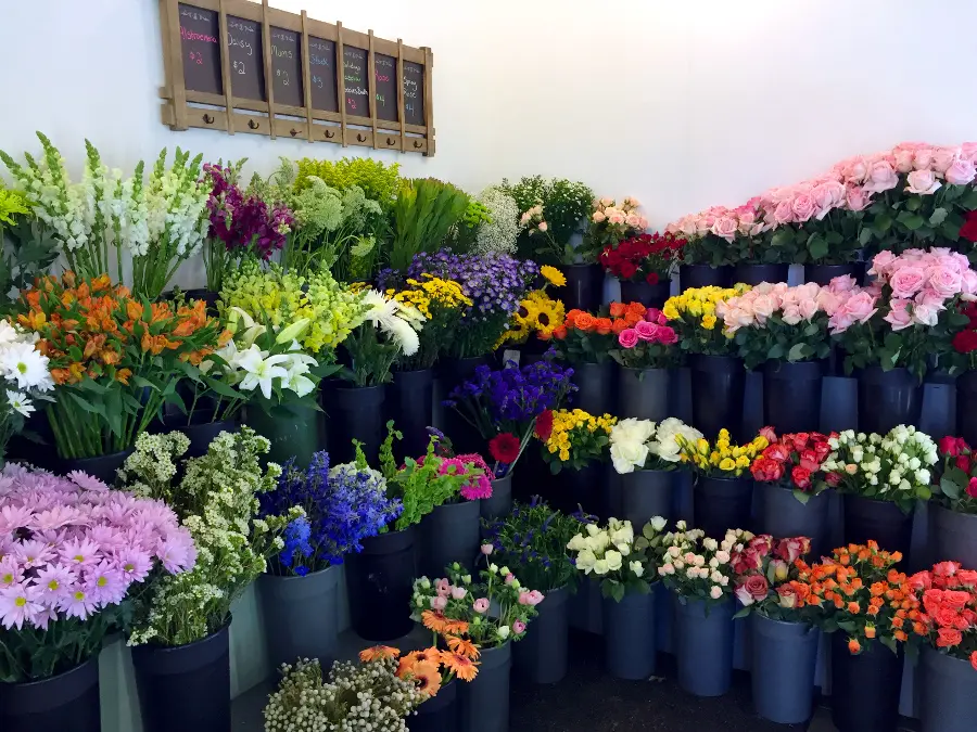 Buckets of flowers in 1800flowers shop