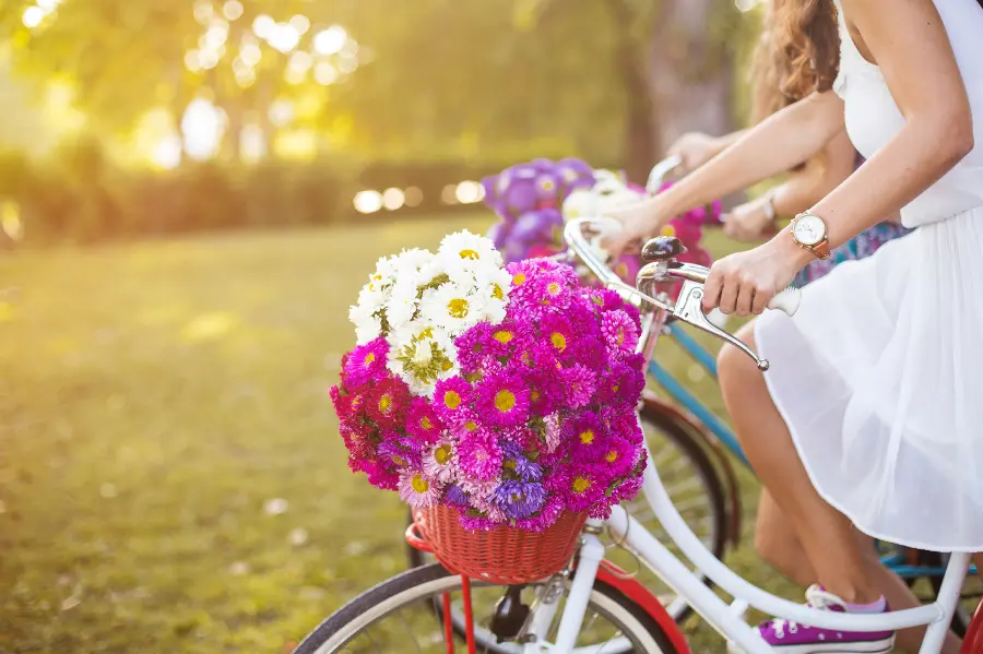 meaning of spring with Woman on a bicycle with a basket full of flowers