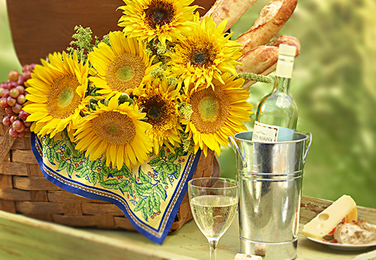 French Country Picnic Sunflowers and Wine