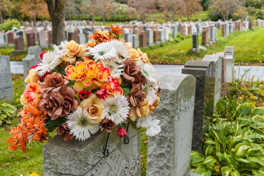 Flowers on tombstone