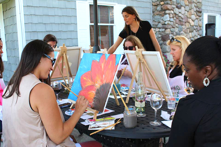 ladies-painting-outside-sunflowers