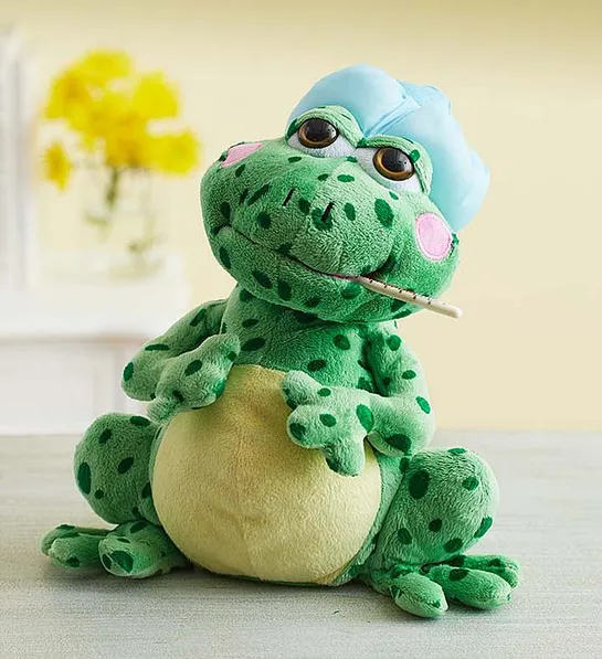 photo of a get-well frog animated plush toy