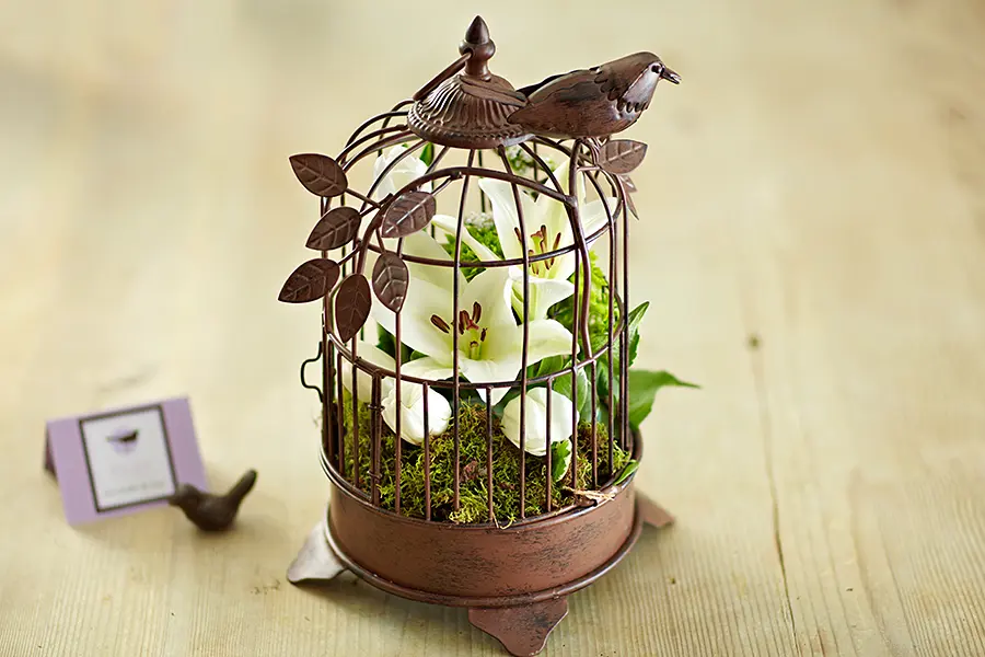 baby shower decor ideas with Small bird cage centerpiece with single white lily stem