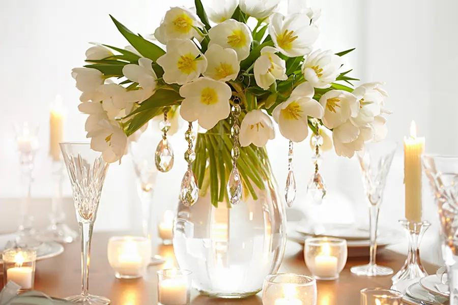 white tulips with hanging crystals for stunning winter centerpiece