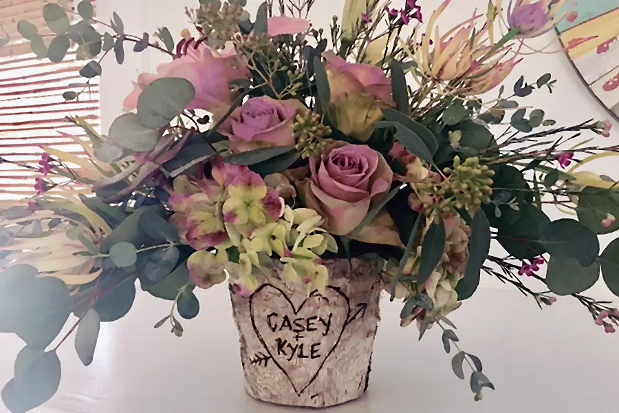 Naturally Romantic Flower Arrangements with Wood Burned Planters