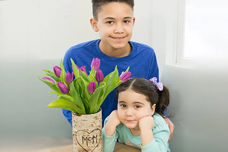 diy mother's day gift idea with birch vase filled with flowers