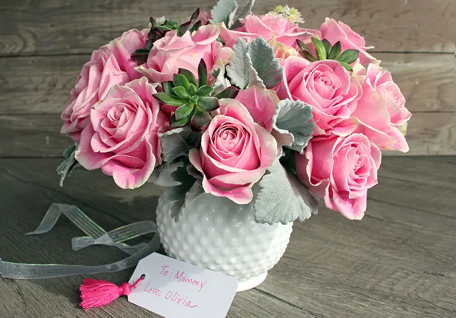 DIY Mother's Day Flower Gift with rose bouquet in cachepot