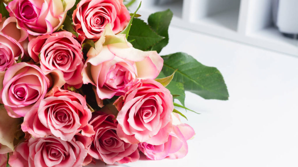 a photo of rose month with a bouquet of pink roses