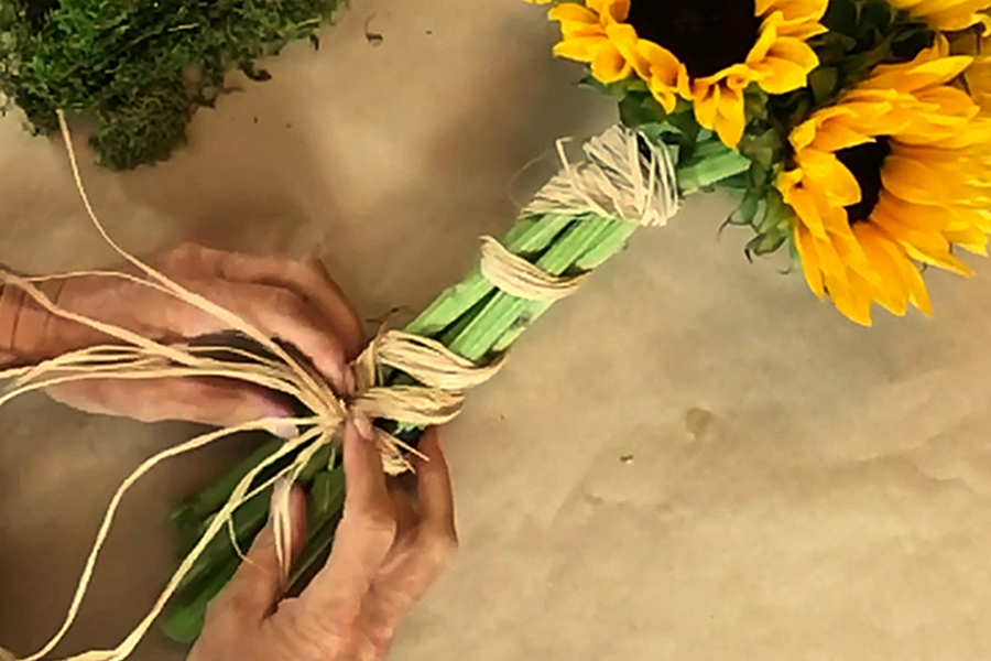 sunflower topiary with wrapping bouquet with ribbon