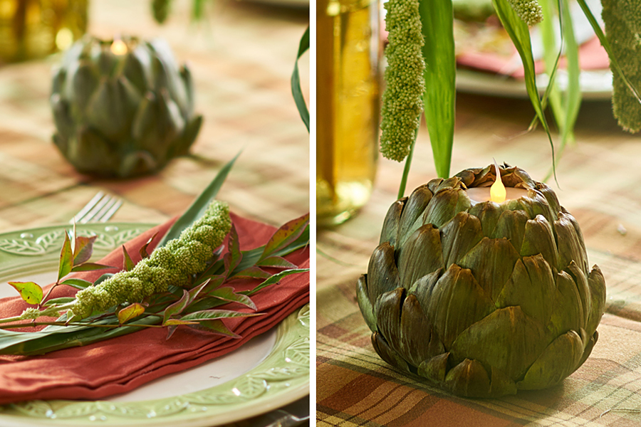 Ideas de decoración de mesa de otoño con una fuente de mijo y alcachofa fresca