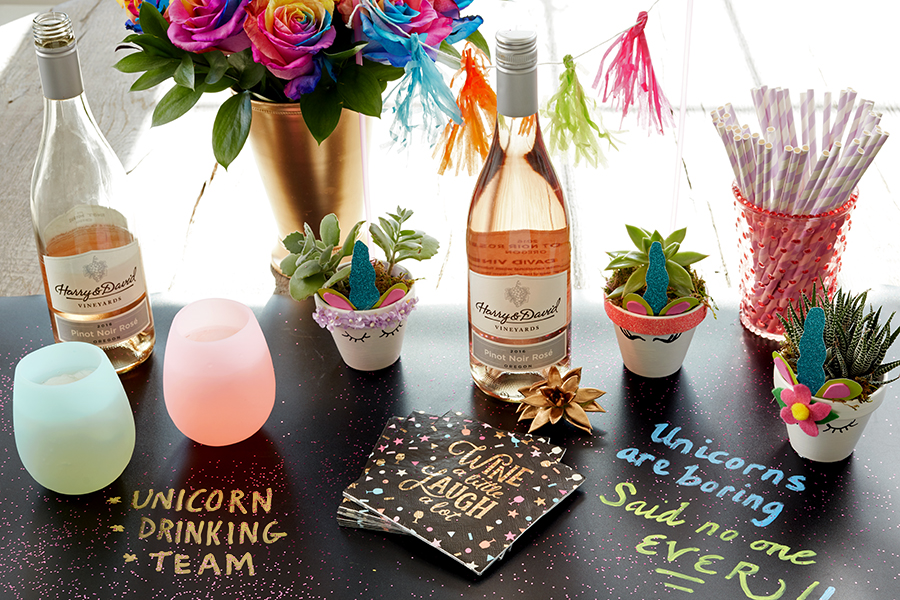 unicorn decorations with mini unicorn planters with wine and kaleidoscope roses