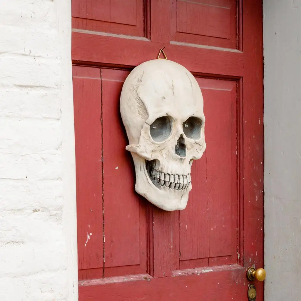 photo of fall activities with a skull decoration on door