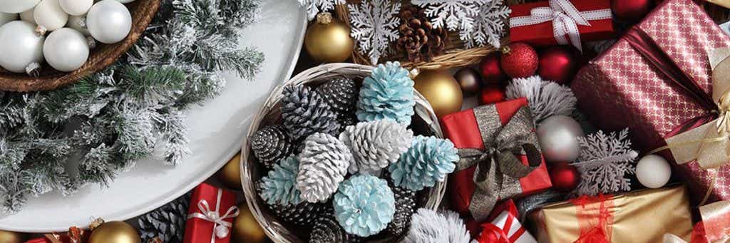 Holiday decor with frosty looking pine cones
