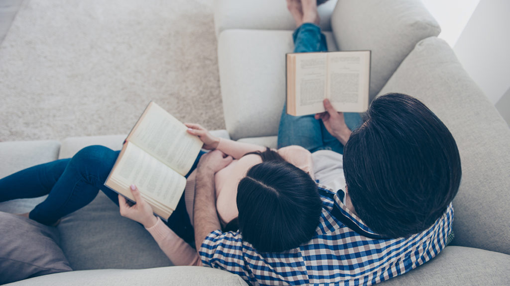 Top view portrait of well-read lettered couple enjoying reading novel poem, poetry fans, lying on sofa having books in hands. Hobby free time self-development education concept