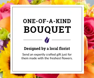 An ad for One-of-a-Kind bouquets designed by a local florist