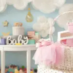 Baby's room with basket of baby gifts