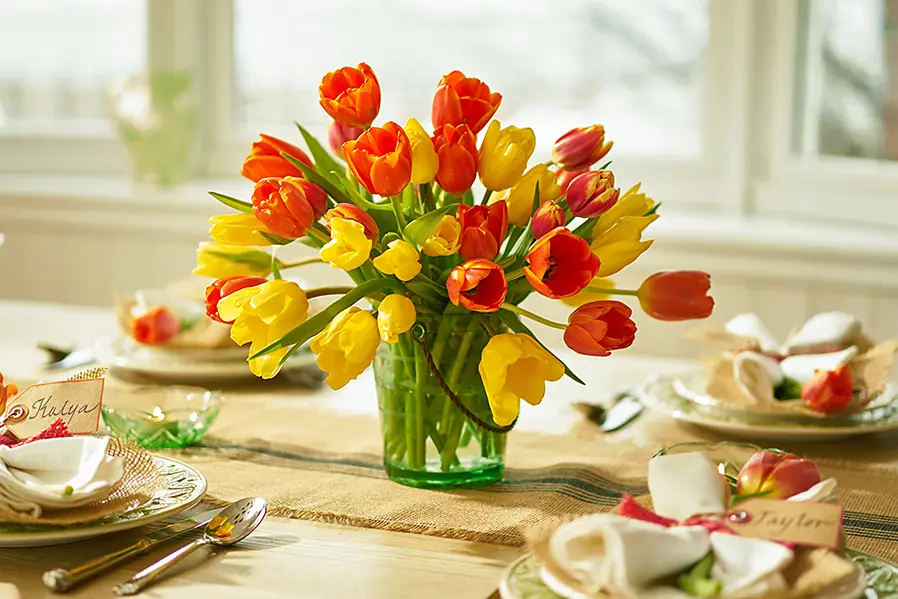 Colorful Spring Tulips on Table in a Vase
