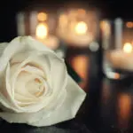 White rose and blurred burning candles on table in darkness, space for text. Funeral symbol